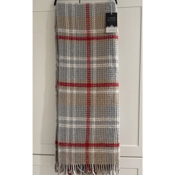 NORDIC ROOTS 60x80” Cotton Blend Woven Knit Throw Blanket Soft Beige Gray & Red